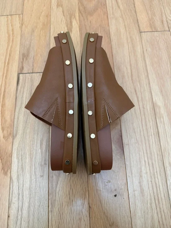 BCBGeneration Tan Platform Double-Buckle Slide Sandals with Gold Studs - Picture 3 of 4